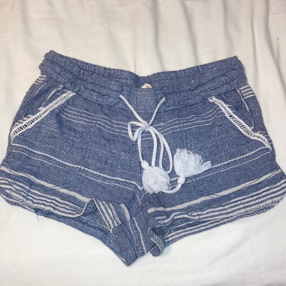 blue and white patterned shorts